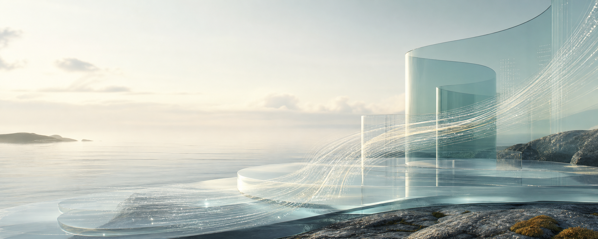 Conceptual coastal scene with translucent glass forms and flowing strands of light
